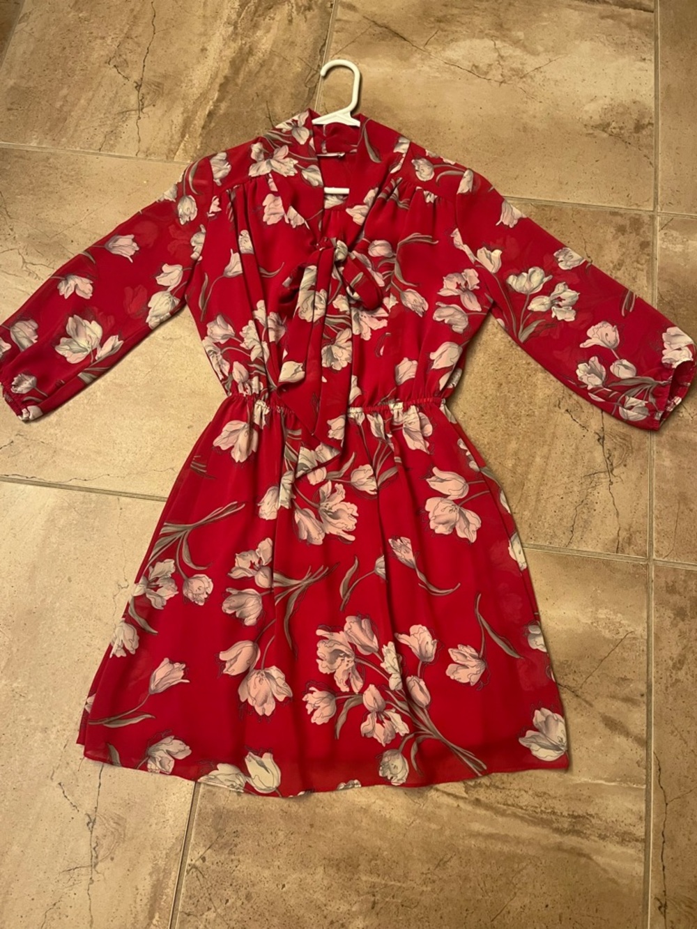 Soprano Red Floral Mini Dress with Tie Neck